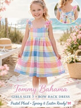 Tommy Bahama Girls Size 7 Pastel Plaid Dress Bow Back Spring Easter Coastal